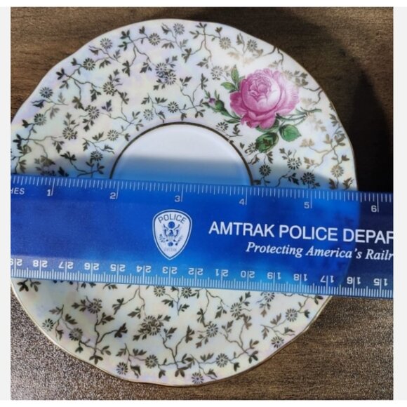 D - Dresden Porcelain Saucers Plates Iridescent w/Rose‎ and Gold Trim Set of 2 - Picture 7 of 9